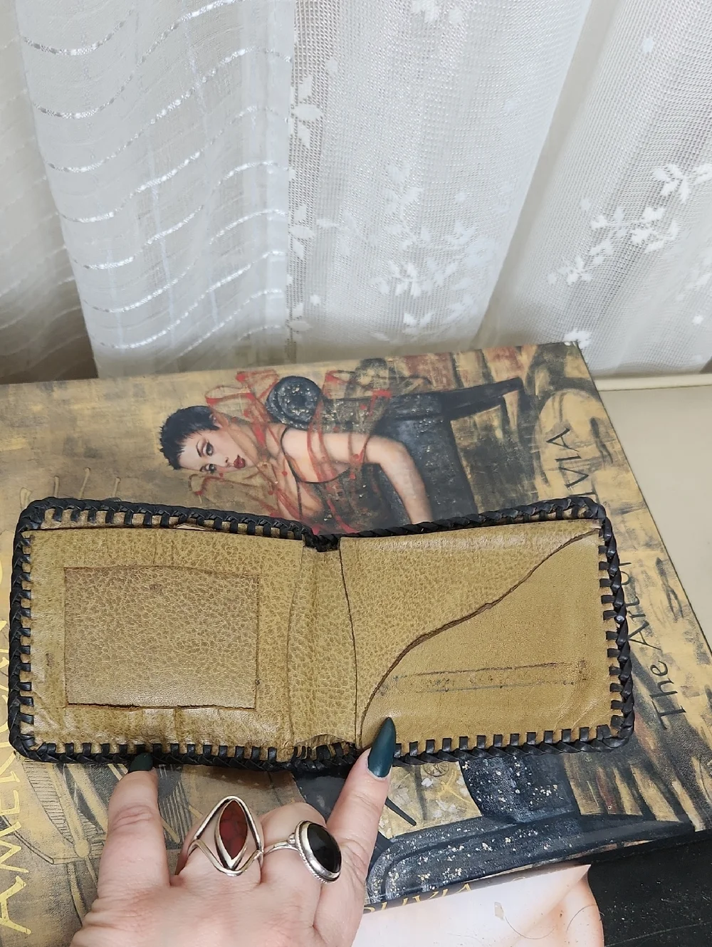 Handcrafted Brown hand-tooled Leather Bifold Wallet with Western cowboy-themed
